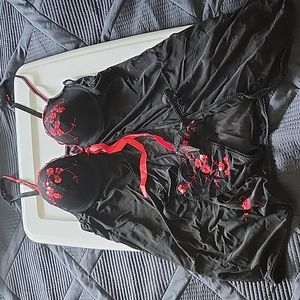 Black sheer chemise with matching thong panty